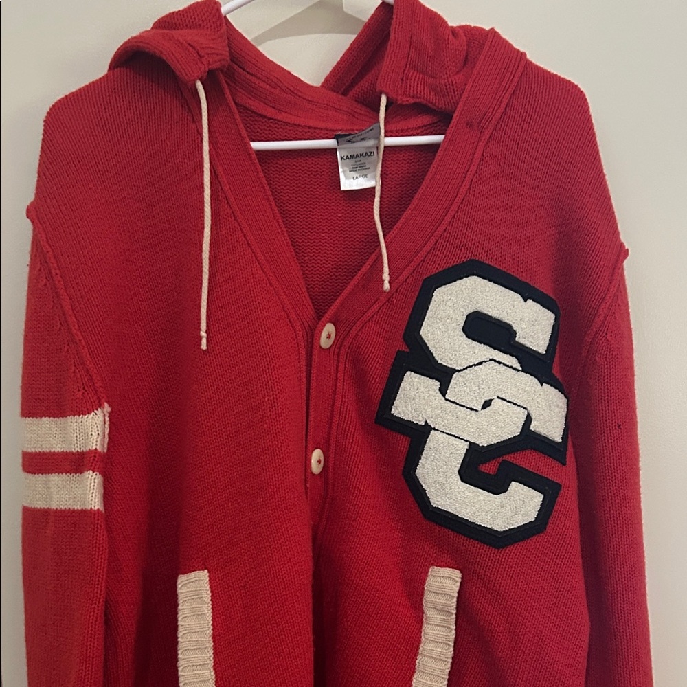 Red Hooded Cardigan with SC Patch